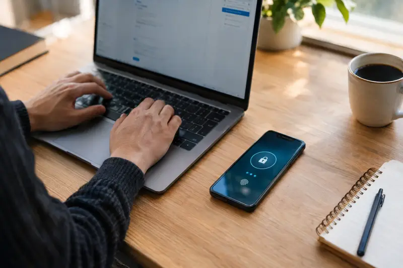 Hands on a laptop beside a phone showing a sign-in approval